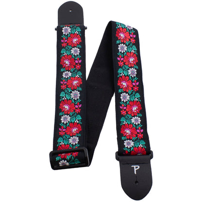 Perris 2.5" Jacquard Guitar Strap Red Floral on Black Design with Leather Ends, Adjustable 39" to 58" — view 3
