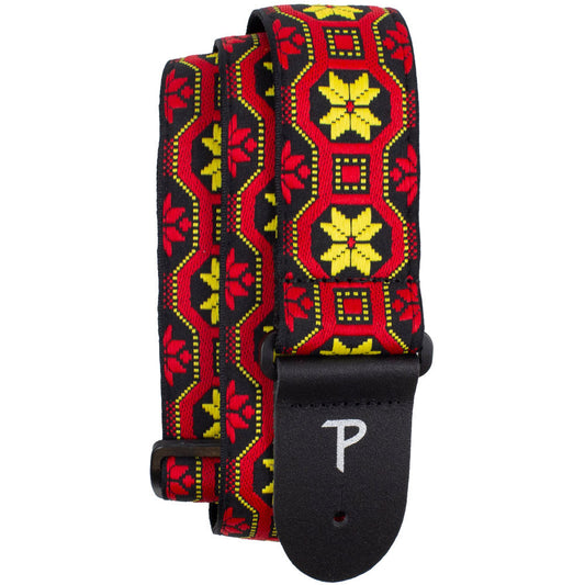 Perris 2" Jacquard Guitar Strap Red & Yellow Geo Pattern Leather Ends Adjustable 39" to 58"