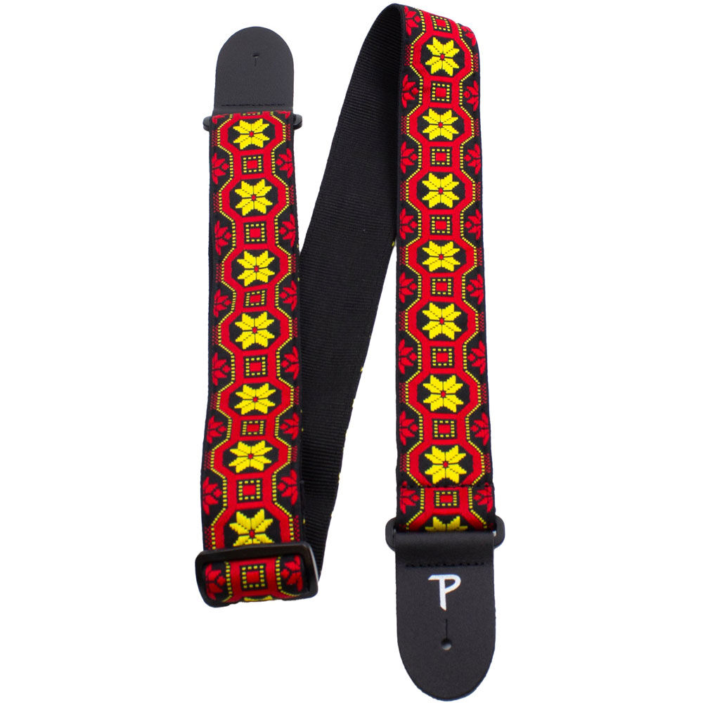 Perris 2" Jacquard Guitar Strap Red & Yellow Geo Pattern Leather Ends Adjustable 39" to 58" — view 2