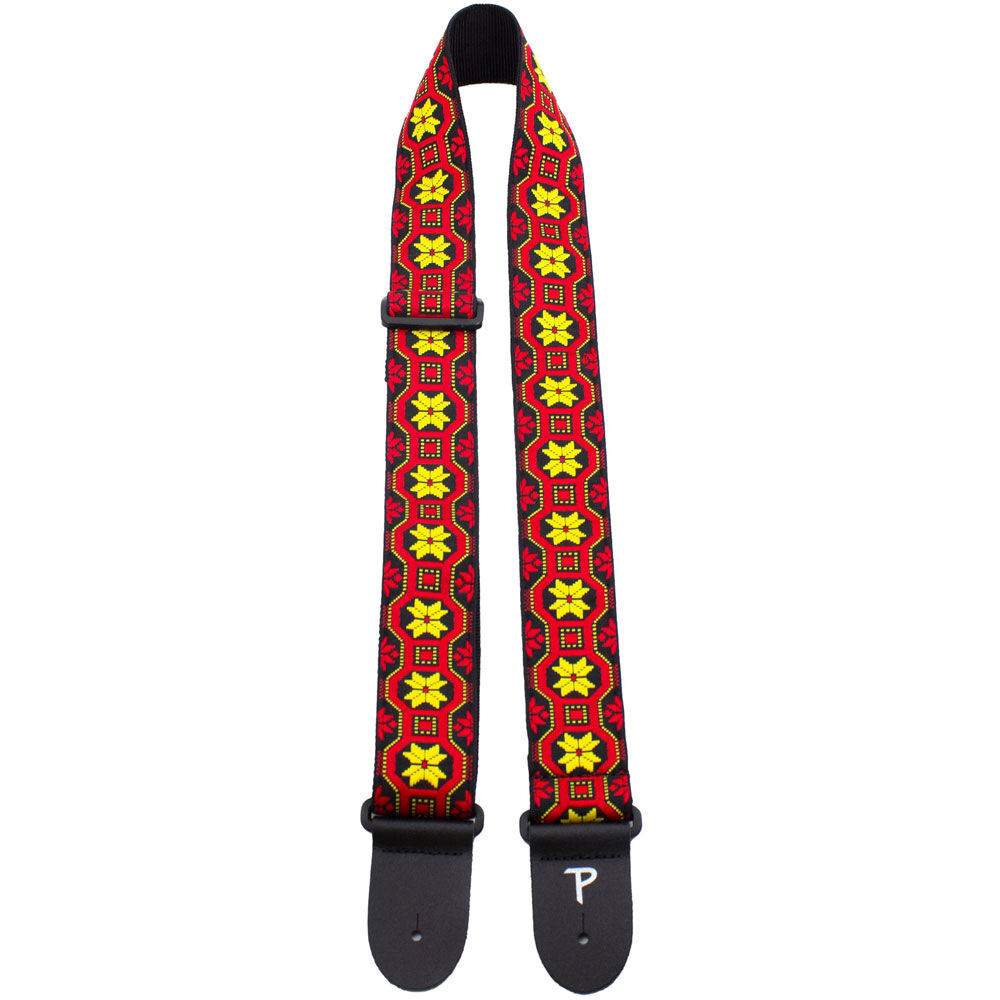 Perris 2" Jacquard Guitar Strap Red & Yellow Geo Pattern Leather Ends Adjustable 39" to 58" — view 3