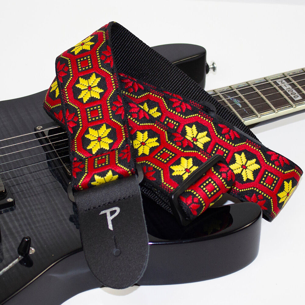 Perris 2" Jacquard Guitar Strap Red & Yellow Geo Pattern Leather Ends Adjustable 39" to 58" — view 4