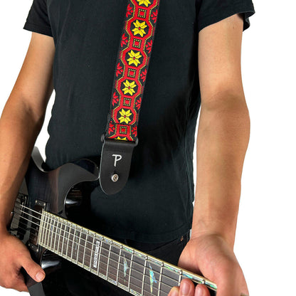 Perris 2" Jacquard Guitar Strap Red & Yellow Geo Pattern Leather Ends Adjustable 39" to 58" — view 5