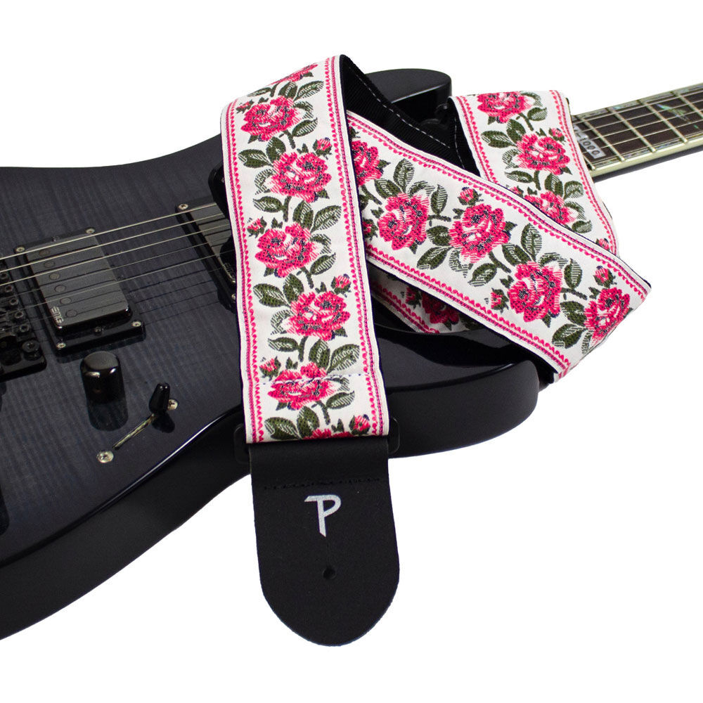 Perris 2.5" Jacquard Guitar Strap - Red Roses on White Design, Adjustable 39"-58", Black Leather Ends — view 4