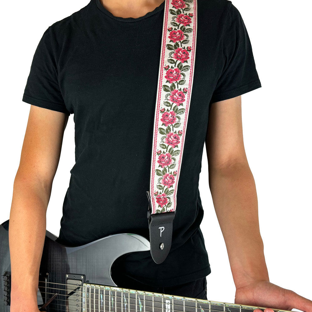 Perris 2.5" Jacquard Guitar Strap - Red Roses on White Design, Adjustable 39"-58", Black Leather Ends — view 5