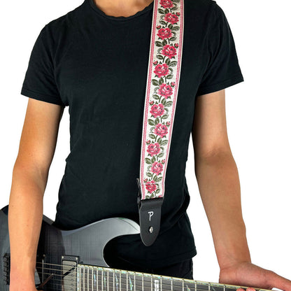 Perris 2.5" Jacquard Guitar Strap - Red Roses on White Design, Adjustable 39"-58", Black Leather Ends — view 5
