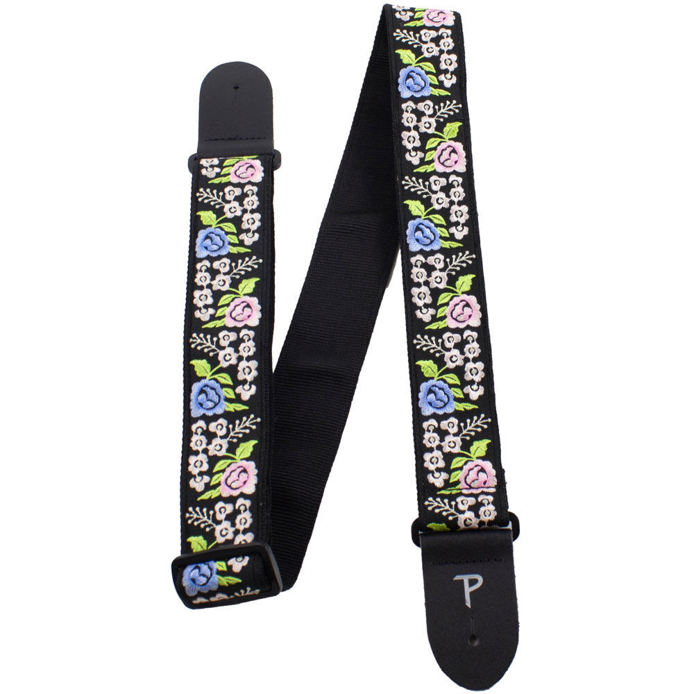Perris 2" Jacquard Guitar Strap with Black Floral Trail Embroidery and Leather Ends, Adjustable 39" to 58" — view 3