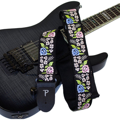 Perris 2" Jacquard Guitar Strap with Black Floral Trail Embroidery and Leather Ends, Adjustable 39" to 58" — view 4