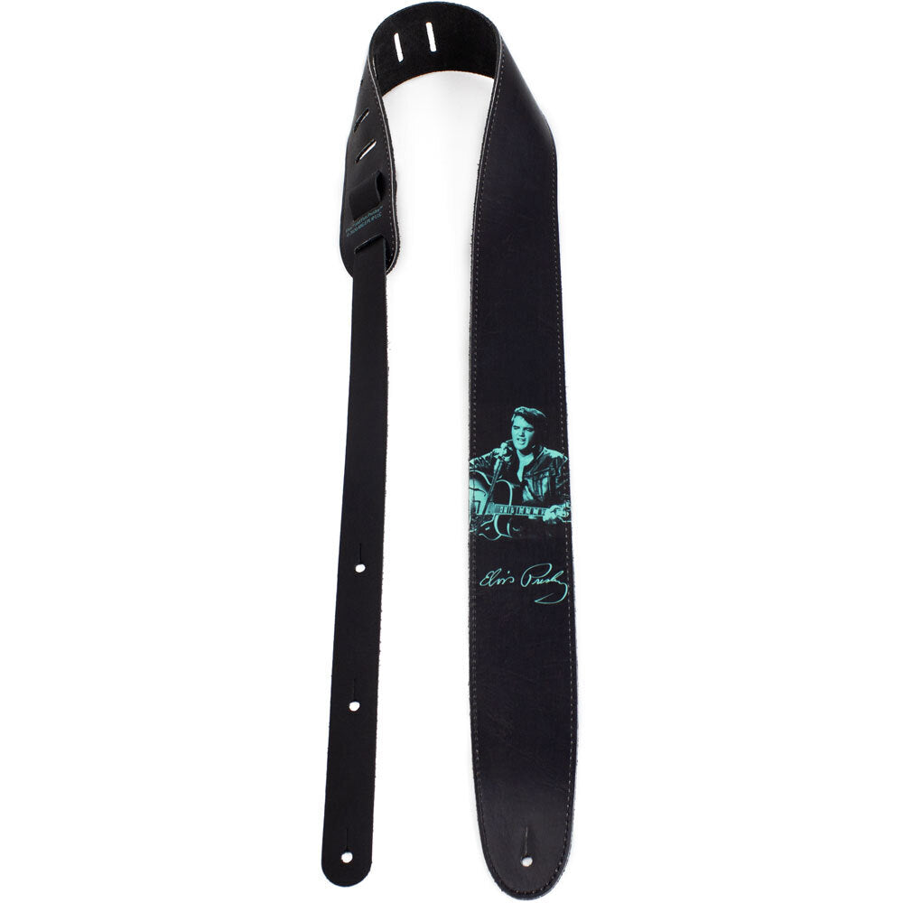 Perris 2.5" Black Leather Guitar Strap with Elvis High Res Print, Adjustable 44.5" to 53", Licensed Product