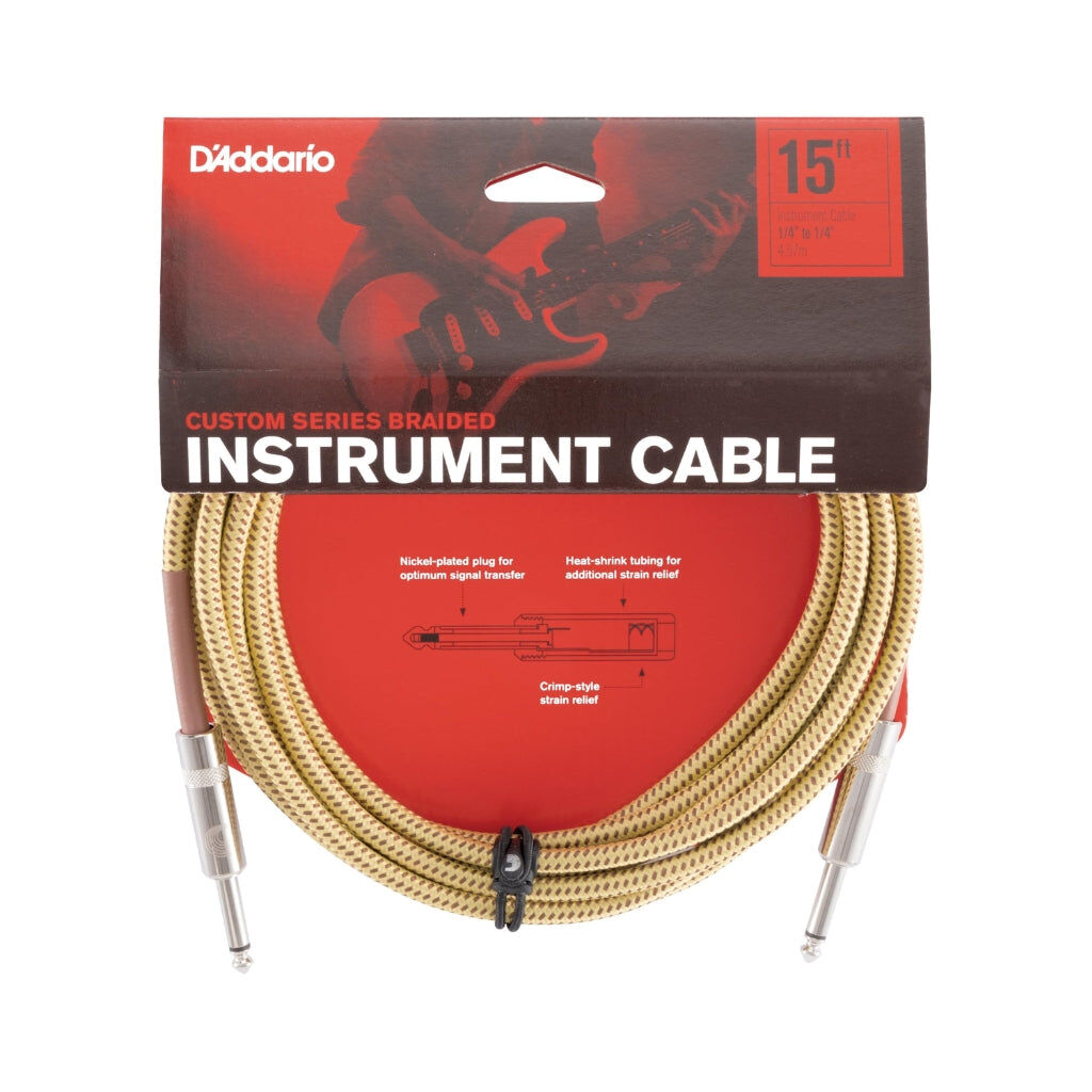 D'Addario PW-BG-15TW 15FT Braided Instrument Cable with Tweed Jacket and Nickel-Plated Connectors