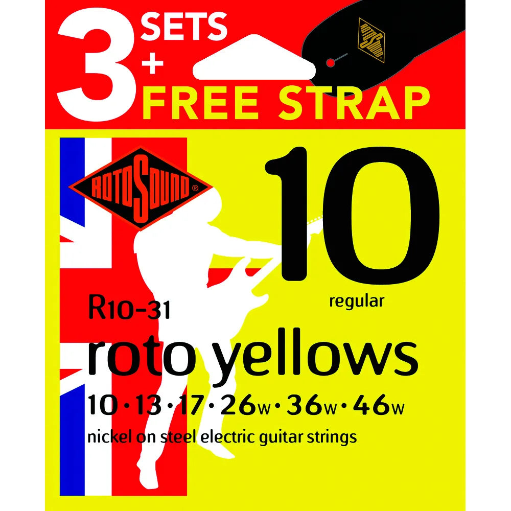 Rotosound Roto Yellows Electric Guitar String Set 3-Pack with Free Strap [R1031]