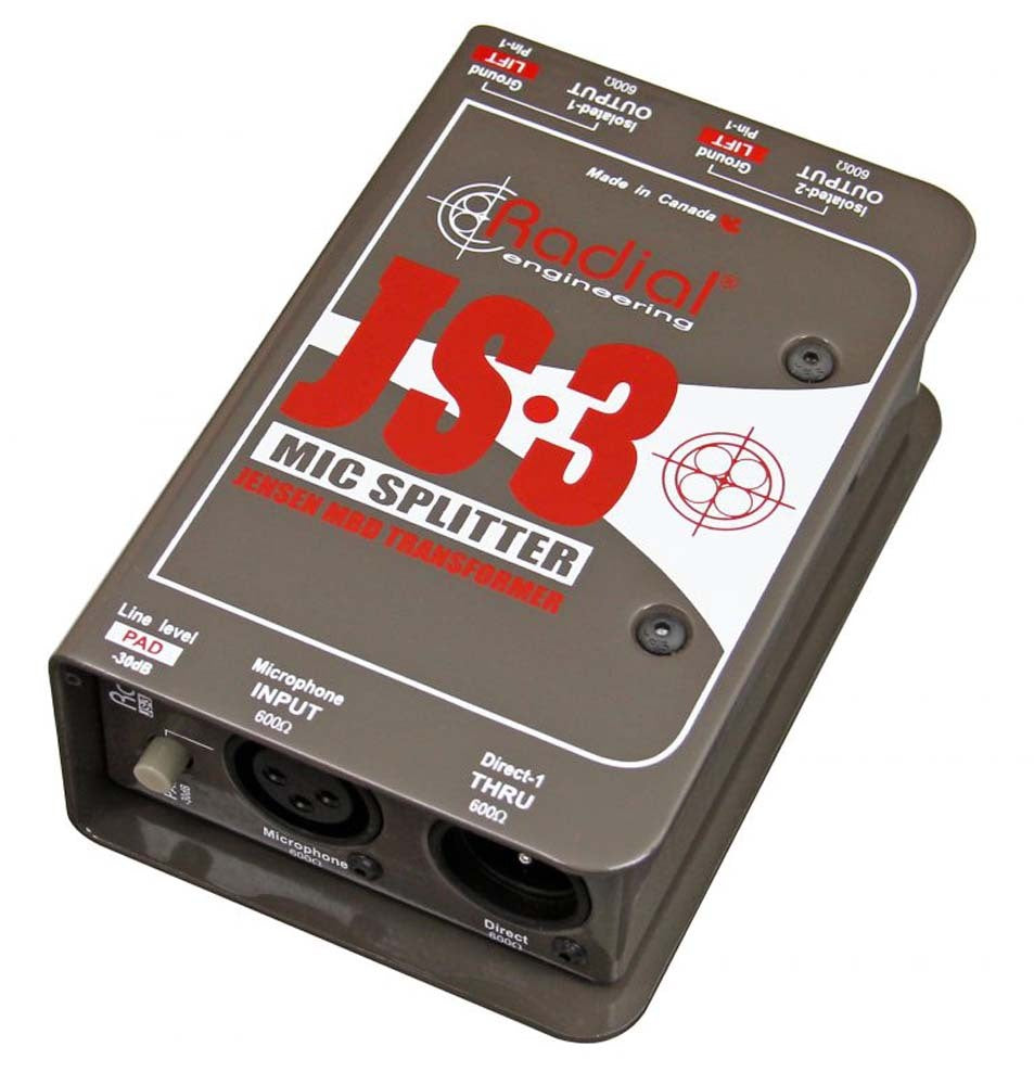 Radial JS3 - Mic splitter passive with 1-input 1-direct out & 2 Jensen isolated outputs — view 2