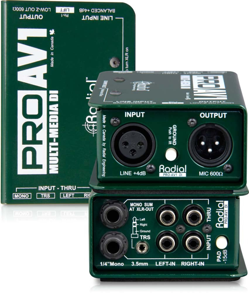 Passive 1 channel multimedia DI with RCA, 3.5mm, XLR, 1/4" connectors