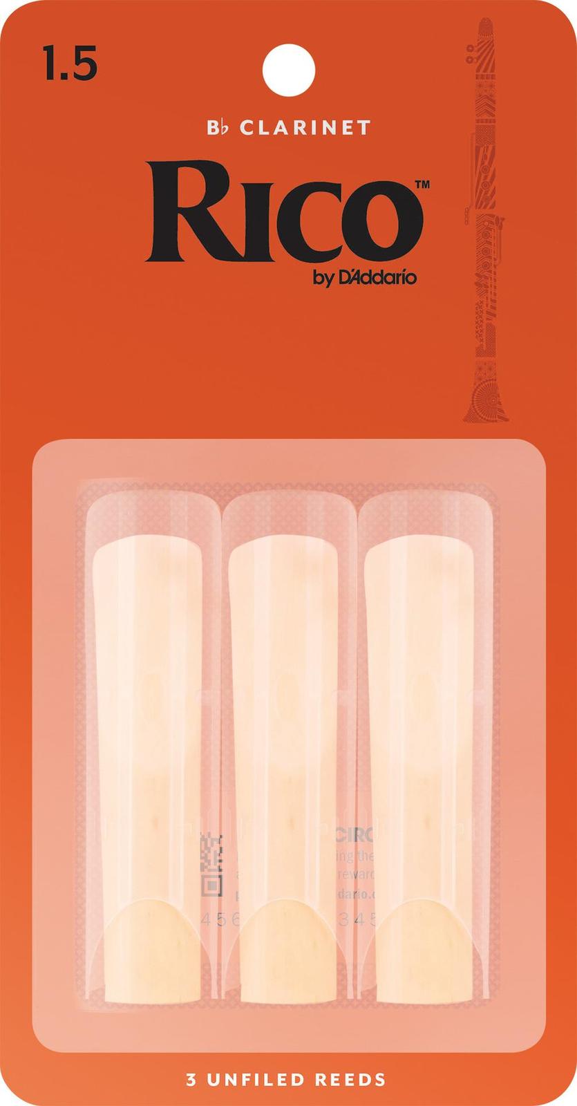 Rico Bb Clarinet Reeds, Strength 1.5, 3-pack