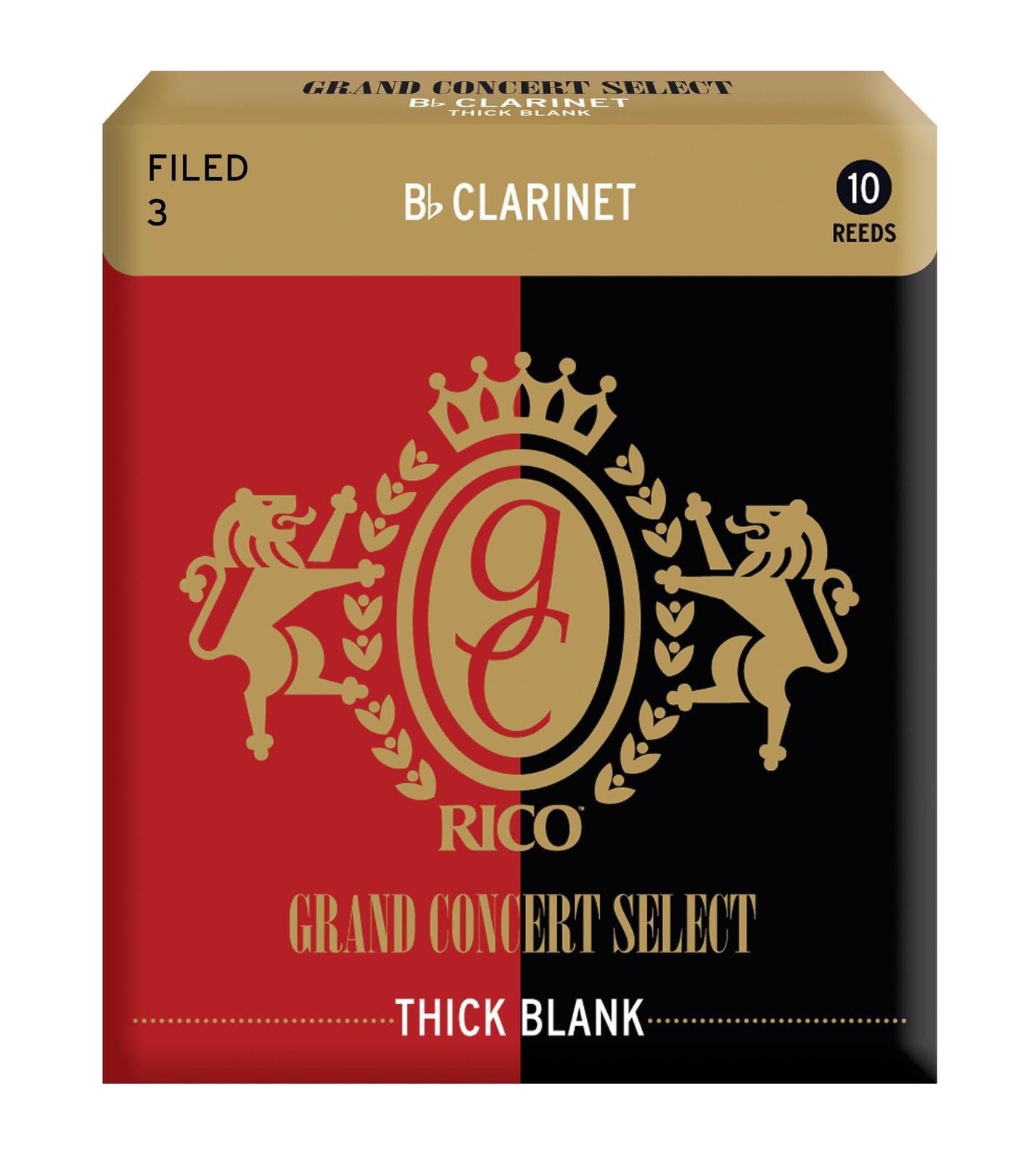 Rico Grand Concert Select Thick Blank Bb Clarinet Reeds, Filed, Strength 3.0, 10-pack