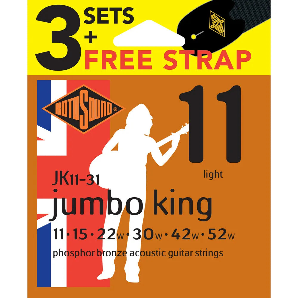 Rotosound Jumbo King Phosphor Bronze 3-Pack Acoustic Guitar Strings 11's with Free Strap [RJK1131]