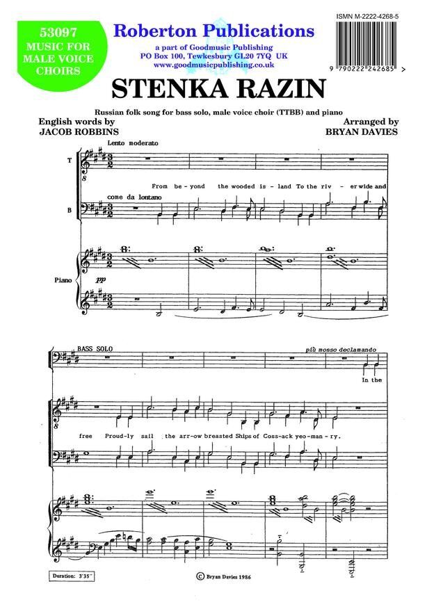 Stenka Razin Bass Solo/TTBB/Piano by Bryan Davies, Roberton Publications, 1 Page