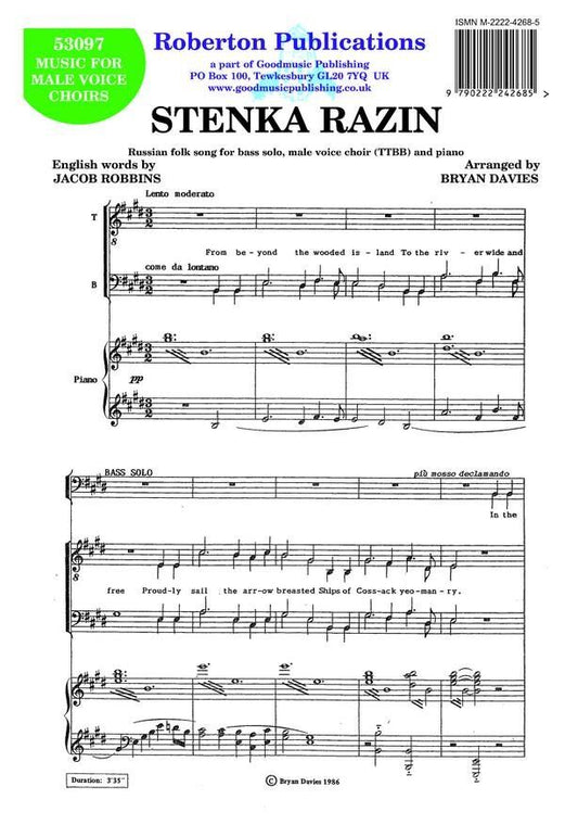 Stenka Razin Bass Solo/TTBB/Piano by Bryan Davies, Roberton Publications, 1 Page