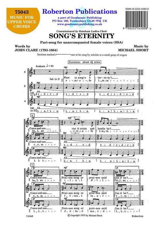 Songs Eternity SSA A Cappella by Michael Short, Roberton Publications, Choral, 1 Page