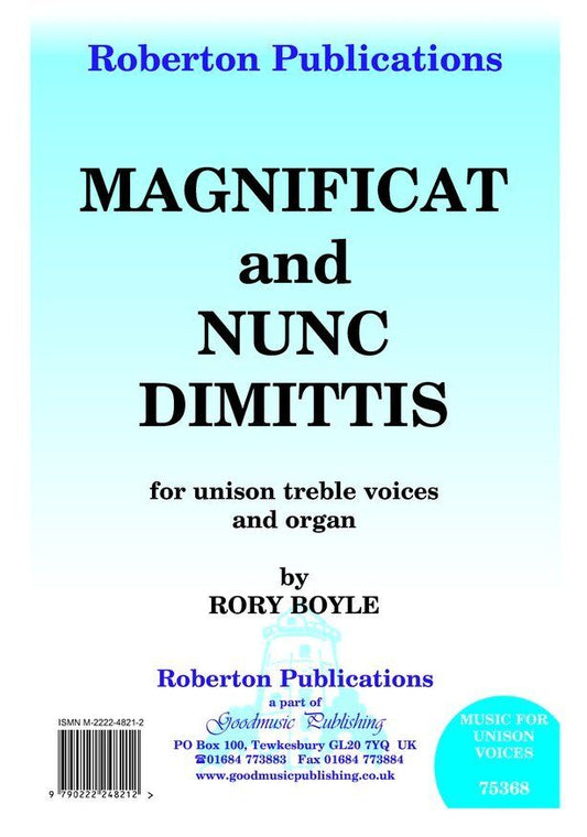 Magnificat & Nunc Dimittis for Unison Treble/Organ by Rory Boyle, Roberton Publications, 1 Page