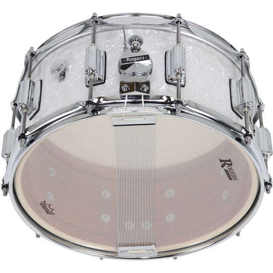 Rogers SuperTen Snare Drum - White Marine Pearl Finish - 14 x 6.5" - 5-ply Maple-Poplar Shell, 10 Lug, Clock Face Throw Off, Beavertail Lugs