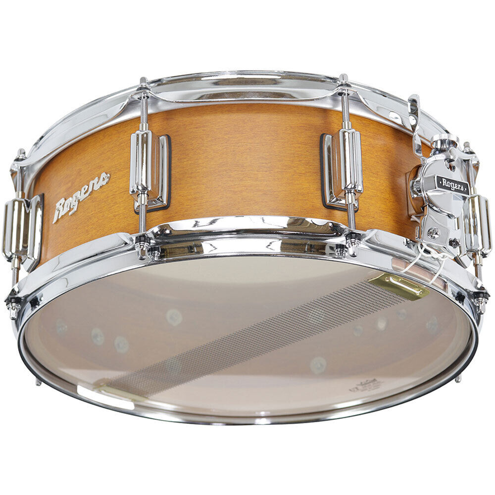 Rogers Tower Series 14 x 5" Wood Shell Snare Drum - Satin Fruitwood Stain, 5-Ply Maple-Poplar, 2.3mm Hoops, Beavertail Lugs — view 3