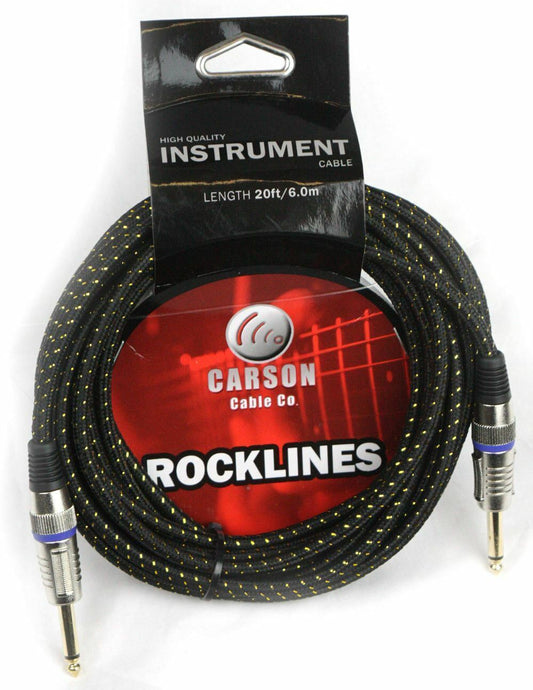 CARSON 20 Foot Guitar Lead / Instrument Cable  Noiseless Braided Black/Gold