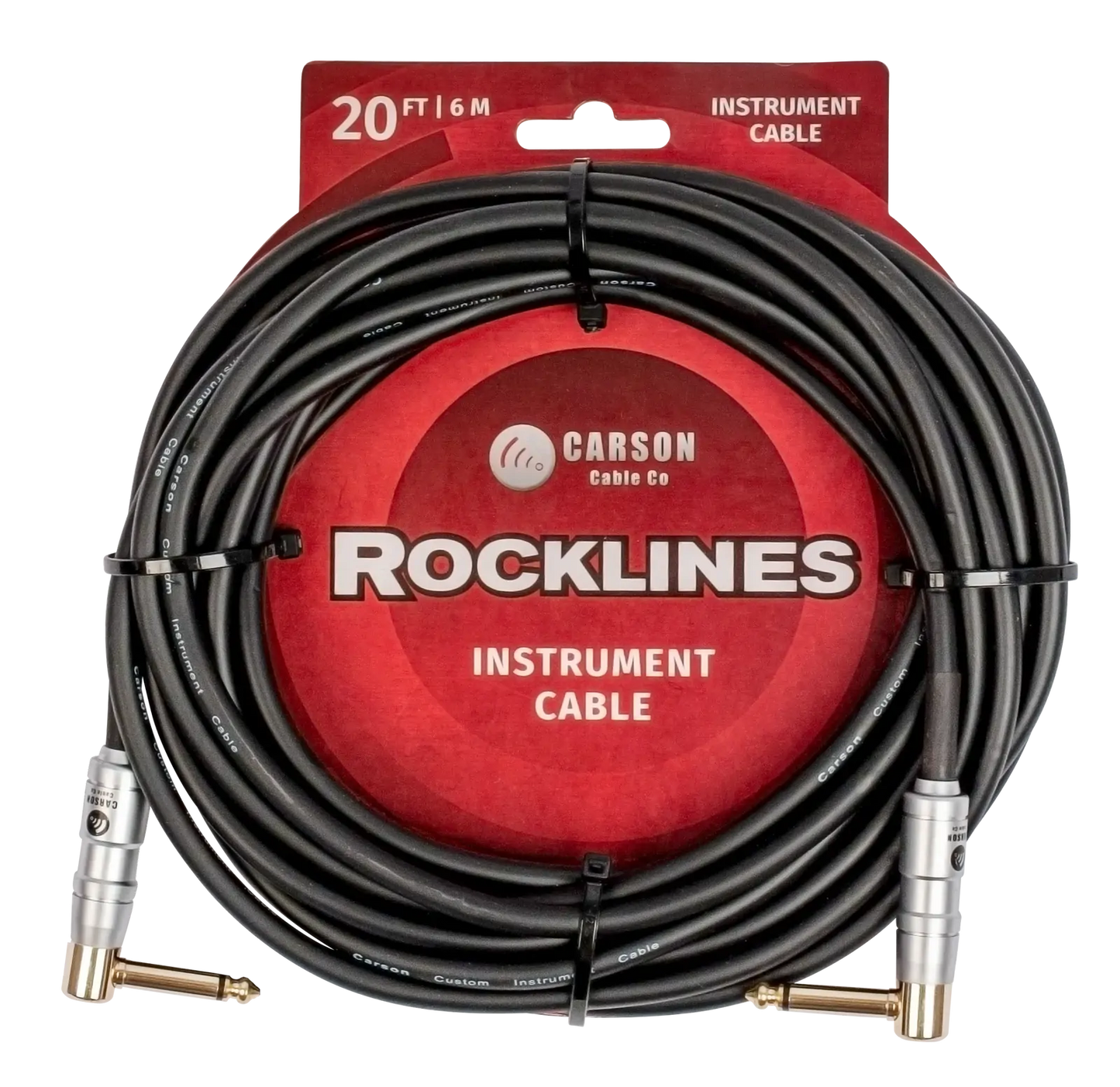 Carson Cable Co Rocklines 20ft Noiseless Guitar Cable with Right Angle Jacks