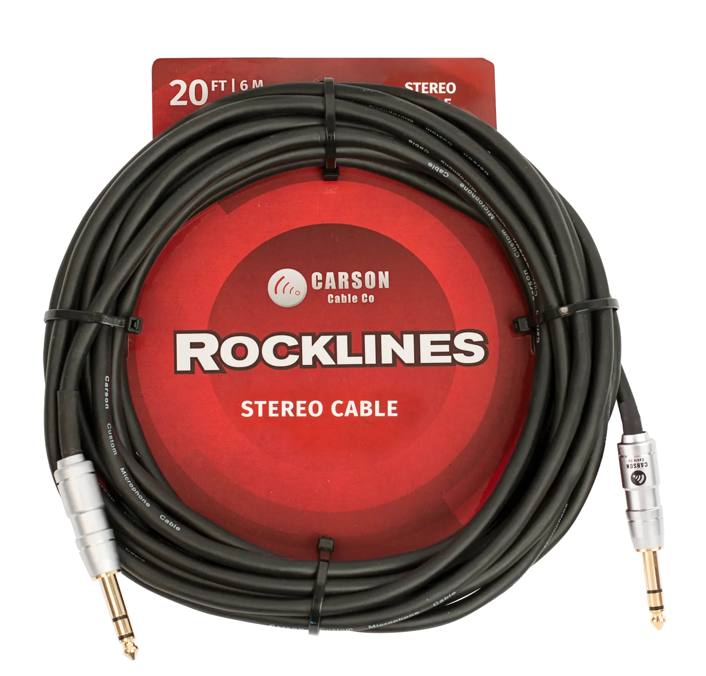 Carson Cable Co Carson Rocklines 20ft Guitar Cable with 6.3mm Stereo Jacks and Gold Shaft