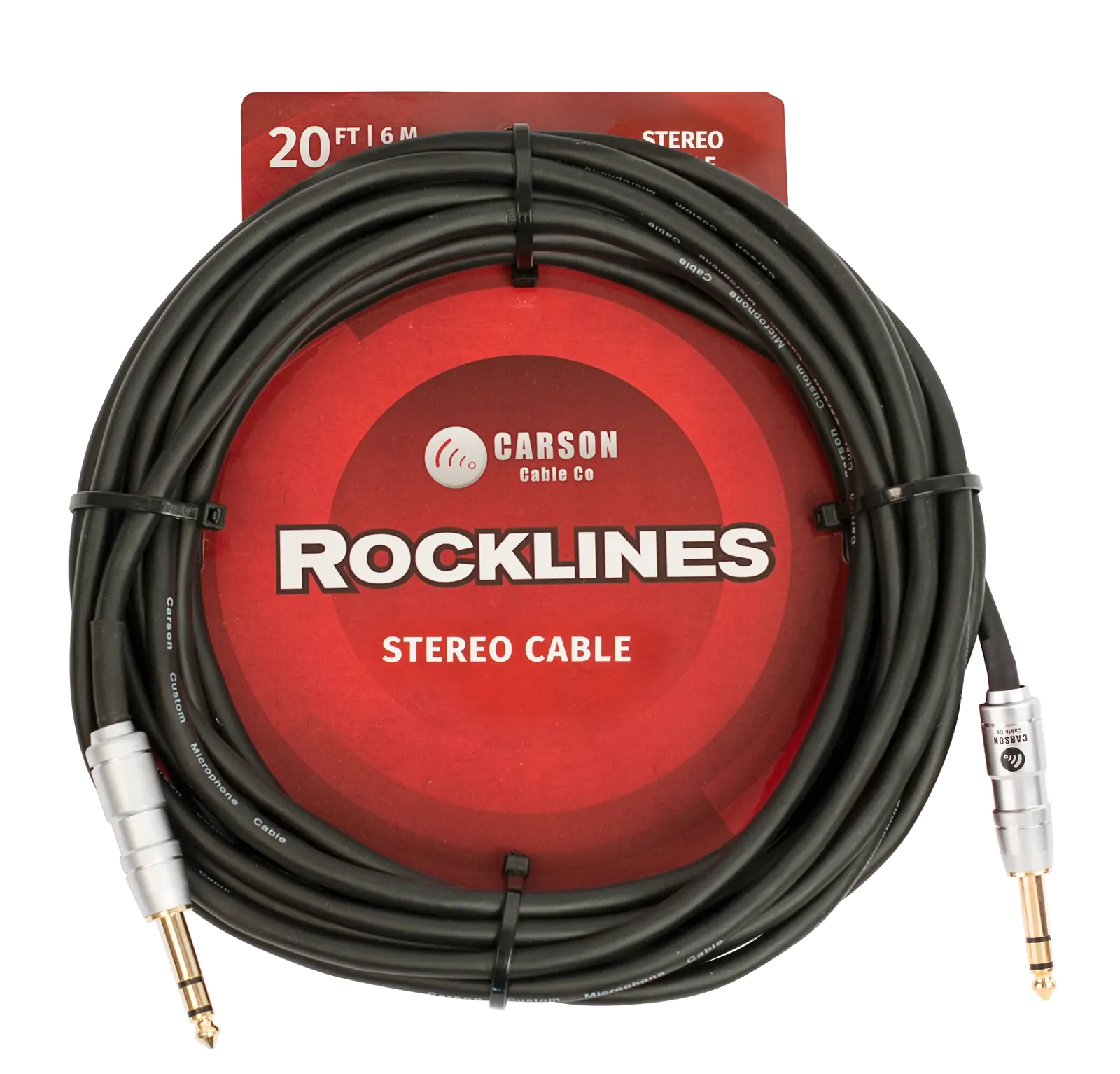 Carson Cable Co Carson Rocklines 20ft Guitar Cable with 6.3mm Stereo Jacks and Gold Shaft