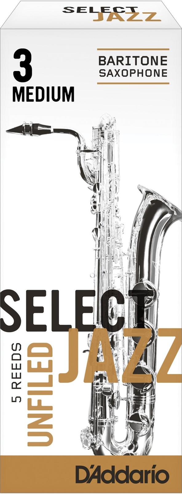 Rico Select Jazz Baritone Sax Reeds, Unfiled, Strength 3 Strength Medium, 5-pack
