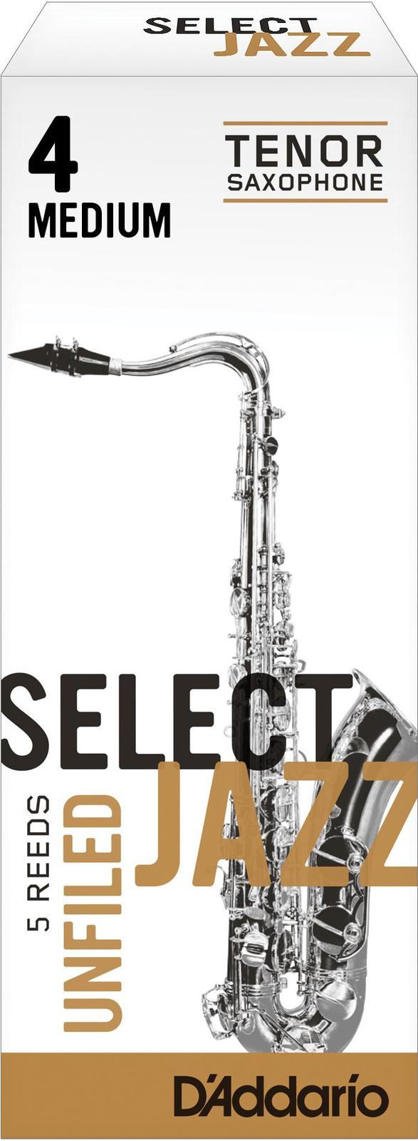 Rico Select Jazz Tenor Sax Reeds, Unfiled, Strength 4 Strength Medium, 5-pack