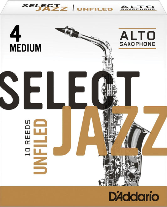 Rico Select Jazz Alto Sax Reeds, Unfiled, Strength 4 Strength Medium, 10-pack