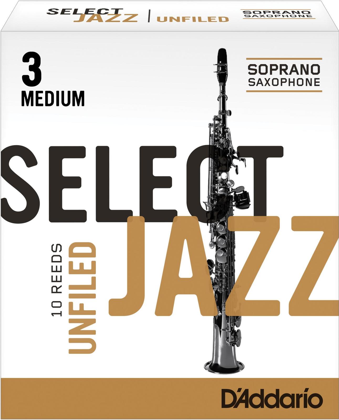 Rico Select Jazz Soprano Sax Reeds, Unfiled, Strength 3 Strength Medium, 10-pack