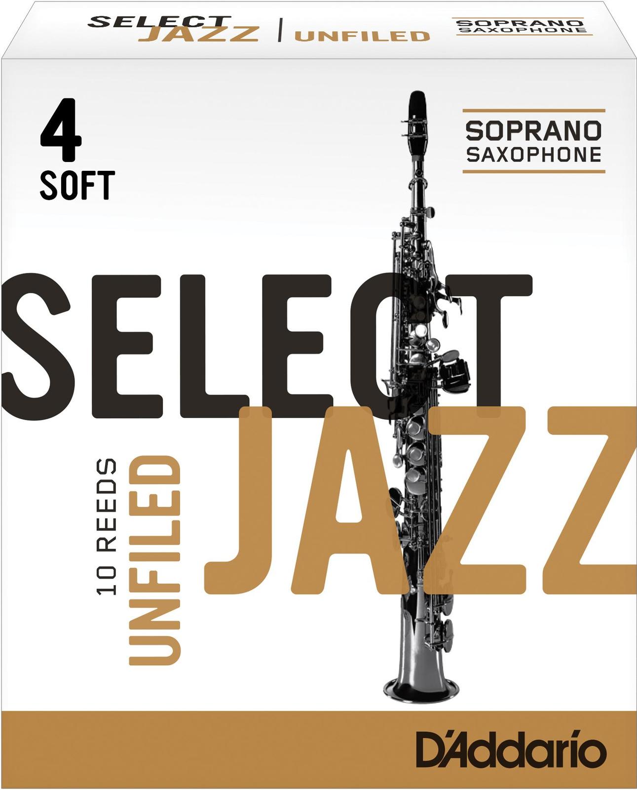 Rico Select Jazz Soprano Sax Reeds, Unfiled, Strength 4 Strength Soft, 10-pack