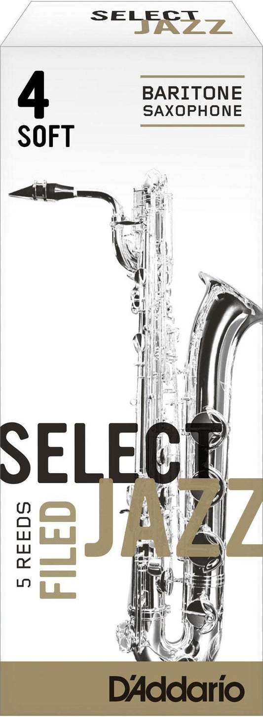 Rico Select Jazz Baritone Sax Reeds, Filed, Strength 4 Strength Soft, 5-pack