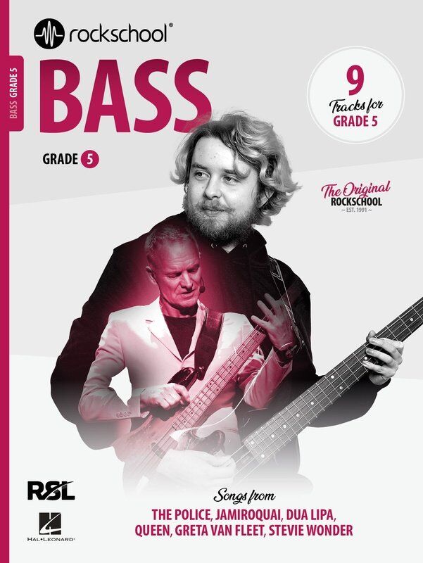 Rockschool Bass Grade 5 (2024) - Double Bass, 56 Pages, Features Songs by Stevie Wonder, Queen, Dua Lipa, and More