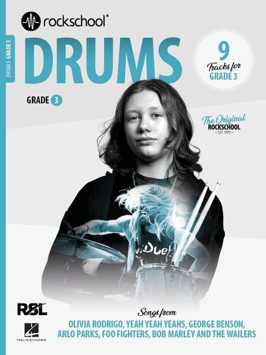 Rockschool Drums Grade 3 (2024) - 48 Pages, Percussion, Features 9 Tracks Including Songs by George Benson, Olivia Rodrigo, and Bob Marley