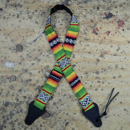 Colonial Leather Ukulele Strap Rasta Rag Lime 40mm with Leather Ends, Adjustable 80cm to 115cm, Made in Australia