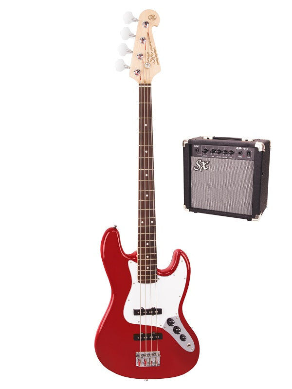 SX SB1SK 4/4 Bass Guitar Kit with 10W Amplifier, Gig Bag, Tuner, Strap, Lead, and Online Lessons - Candy Apple Red — view 2