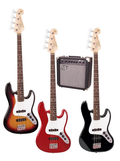 SX SB1SK 4/4 Bass Guitar Kit with 10W Amplifier, Gig Bag, Tuner, Strap, Lead, and Online Lessons - Candy Apple Red