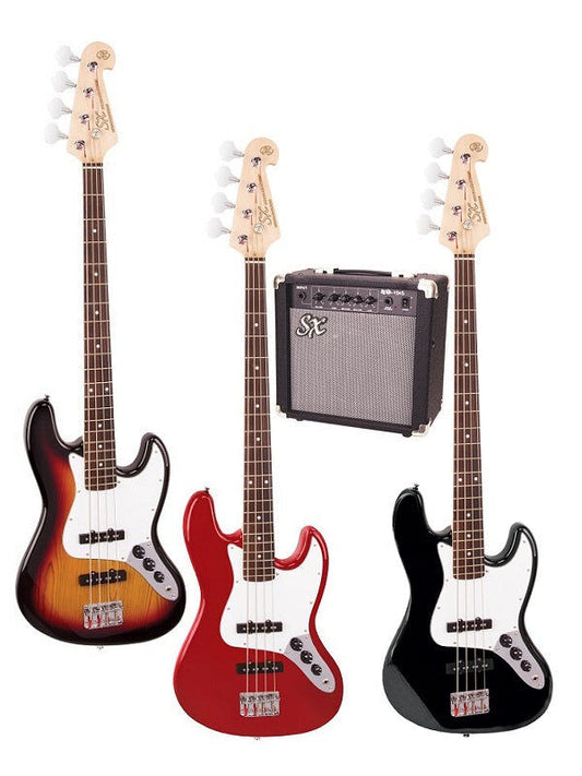 SX SB1SK 4/4 Bass Guitar Kit with 10W Amplifier, Gig Bag, Tuner, Strap, Lead, and Online Lessons - Candy Apple Red