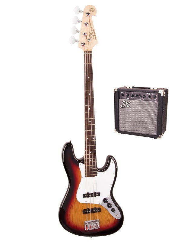 SX SB1SK 4/4 Bass Guitar Kit with 10W Amplifier, Gig Bag, Tuner, Strap, Lead, and Online Lessons - Candy Apple Red — view 4