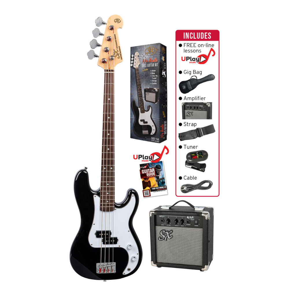 SX 3/4 Size Bass Guitar Kit with Amplifier, Tuner, Gig Bag, and Lessons — view 2