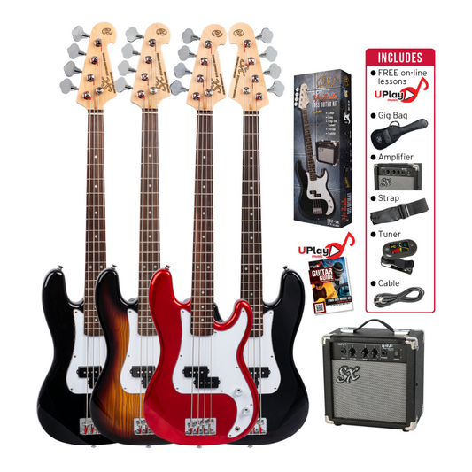 SX 3/4 Size Left Handed Bass Guitar Kit with Amplifier, Tuner, Gig Bag, Strap, and Online Lessons