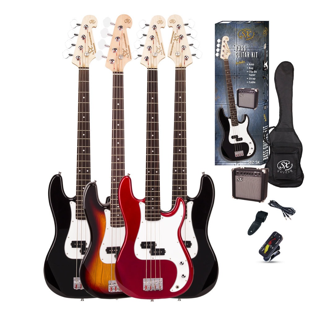SX P Bass Kit Candy Apple Red with Amplifier, Tuner, Gig Bag, Strap, Lead & Online Lessons