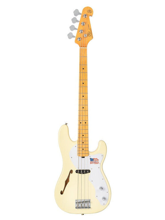 SX SBA2 Vintage Style Bass Guitar, Swamp Ash Body, Canadian Maple Neck, Single Coil Alnico Pickup, Vintage White Finish
