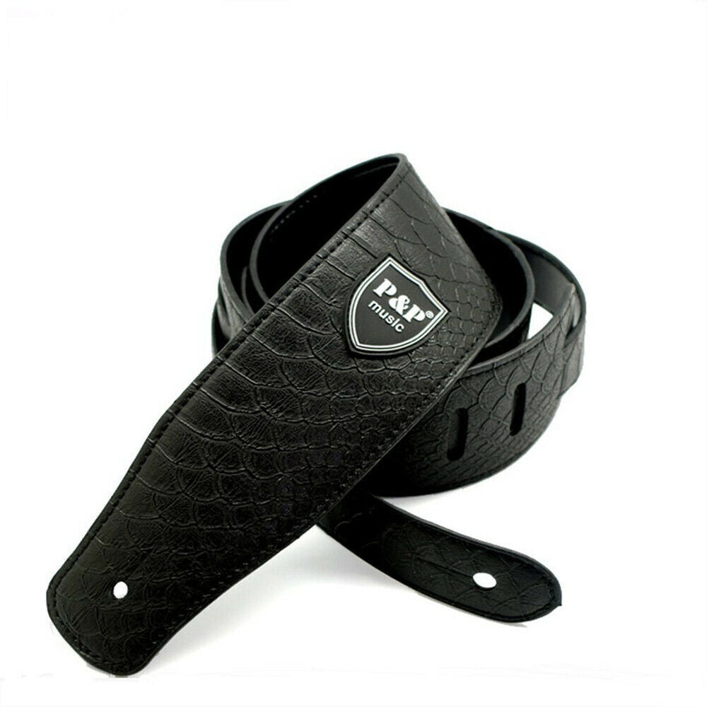 P&P 2.5" Leather Embossed Guitar Strap Black