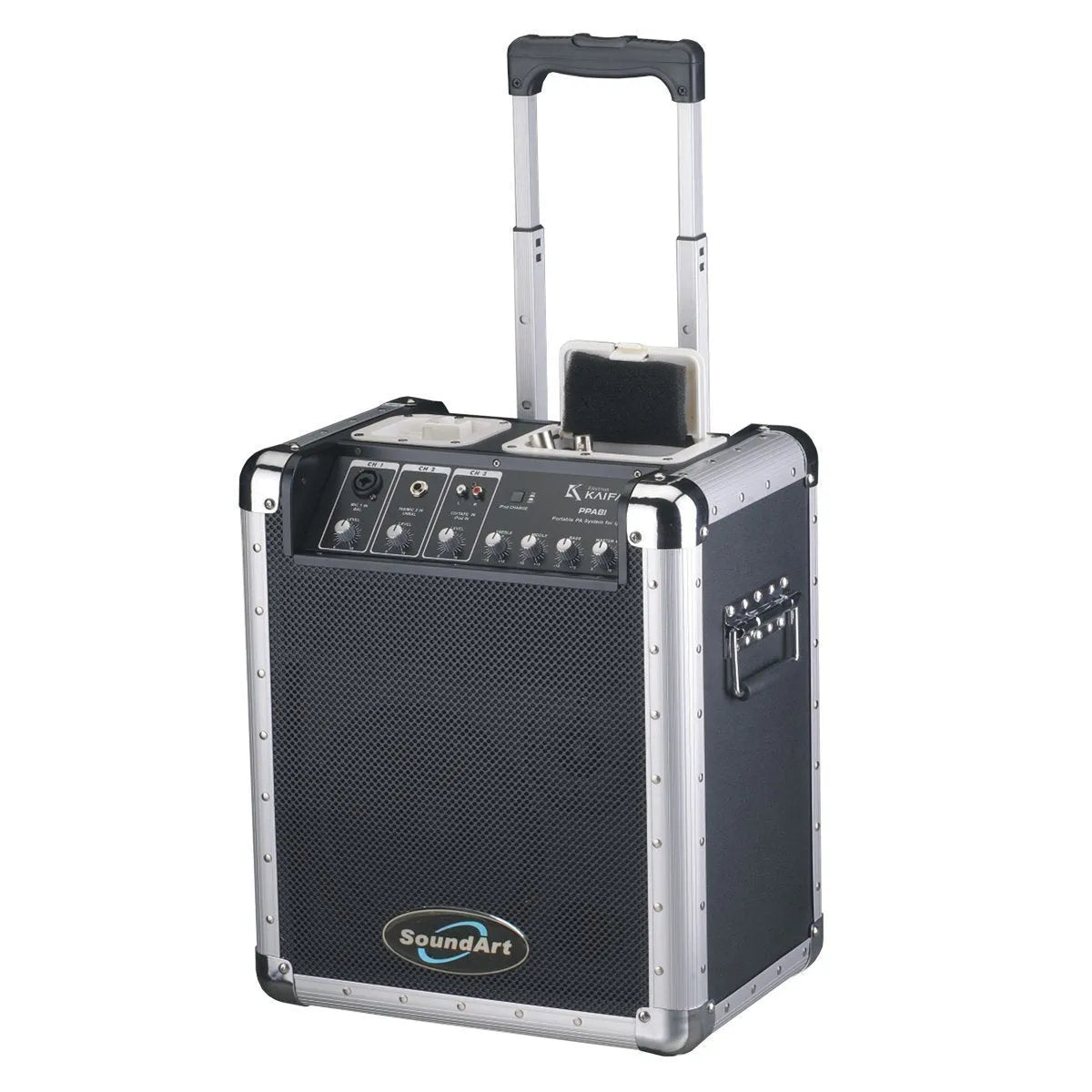 SoundArt Compact Portable Rechargeable PA System with Mic, Instrument & Line Channels, 3-Band EQ, Built-in iPod Dock, 20cm Speaker, Wheels & Handle