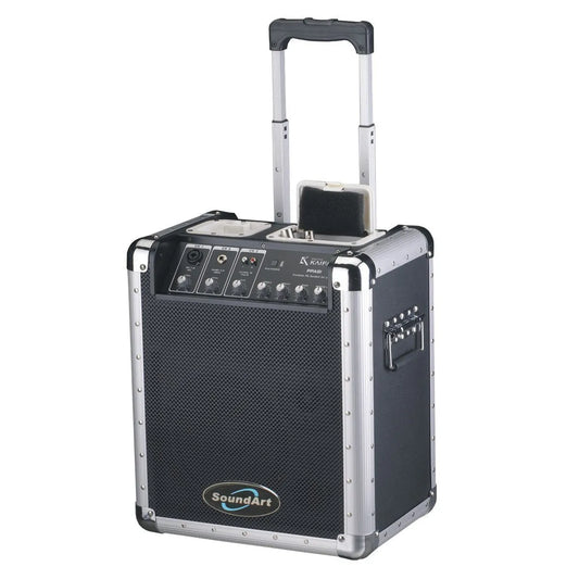 SoundArt Compact Portable Rechargeable PA System with Mic, Instrument & Line Channels, 3-Band EQ, Built-in iPod Dock, 20cm Speaker, Wheels & Handle