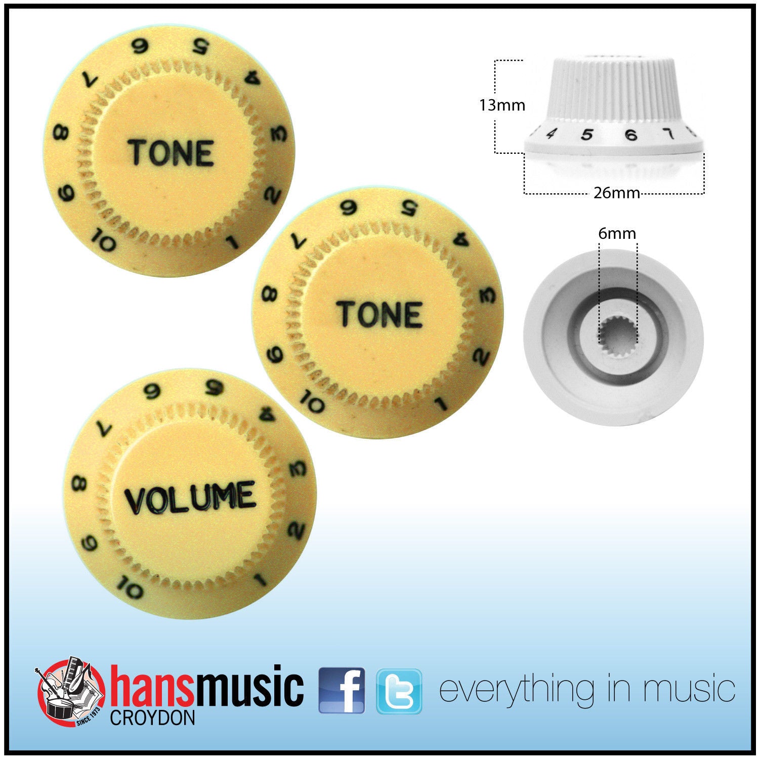 3 x Strat Style Volume / Tone Control Knobs Electric Guitar - Creme